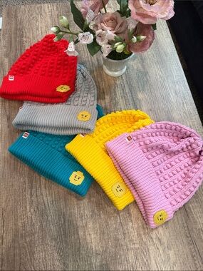 Lego Knit Beanie Hats in Red, Gray, Teal, Yellow & Pink